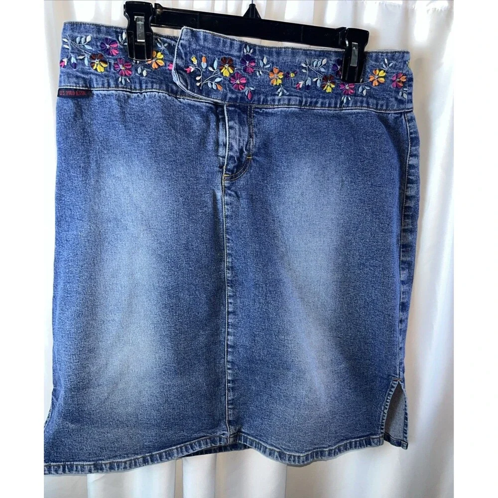 Vintage U.S Polo Assn. Women’s Floral Denim Skirt Suze 14 A-line  Y2K Retro